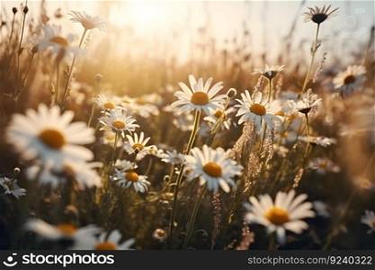 Field of daisies, blue sky and evening sun. Neural network AI generated art. Field of daisies, blue sky and evening sun. Neural network AI generated