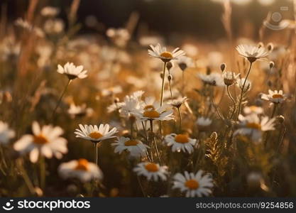 Field of daisies, blue sky and evening sun. Neural network AI generated art. Field of daisies, blue sky and evening sun. Neural network AI generated