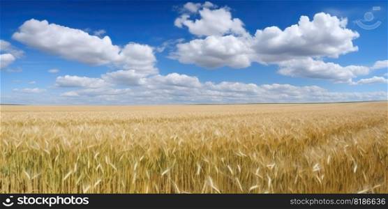 Field of golden ripe wheat under the blue sky and clouds. Generative AI.. Field of golden ripe wheat under the blue sky and clouds. Generative AI