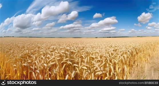 Field of golden ripe wheat under the blue sky and clouds. Generative AI.. Field of golden ripe wheat under the blue sky and clouds. Generative AI