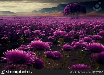 Field of purple chrysanthemums at sunlight