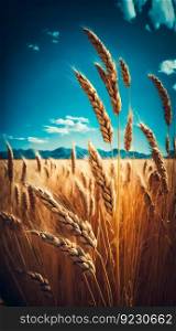 Field of Ripe Wheat against the Blue Sky. Generative ai. High quality illustration. Field of Ripe Wheat against the Blue Sky. Generative ai