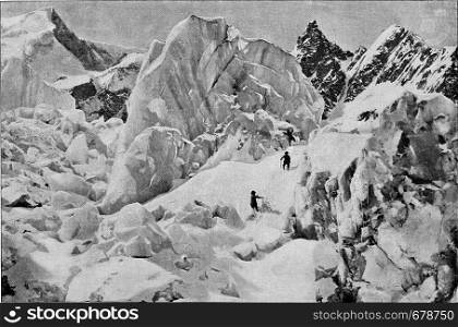 Field of ruins of a glacial avalanche, vintage engraved illustration. From the Universe and Humanity, 1910.