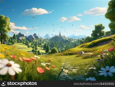field of spring grassland flowers and perfect blue sky. AI Generative