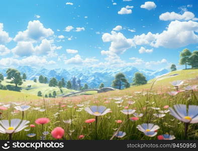 field of spring grassland flowers and perfect blue sky. AI Generative