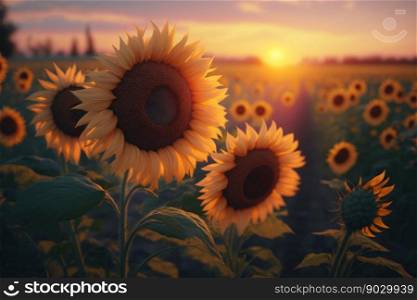 Field of sunflowers at sunset, evening landscape, AI Generative