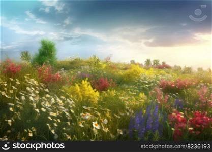 Field of wild flowers on sunset. Flora season. Generate Ai. Field of wild flowers on sunset. Generate Ai