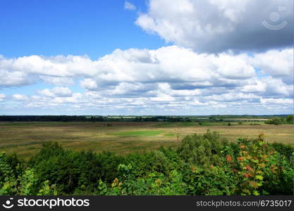 Field on a background of the cloudy sky