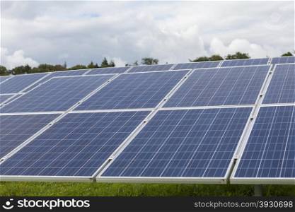 Field with blue siliciom solar cells alternative energy. Field with blue siliciom solar cells alternative energy to collect sun energy