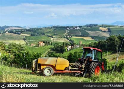 Fields full of vines and red tractor in Tuscany