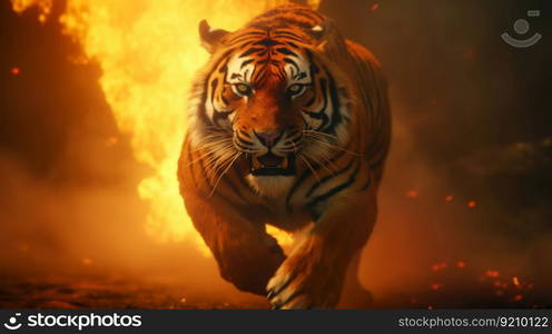 Fierce Tiger Jumping and Roaring with Chains and Flames in Red and Yellow Tones. Generative ai. High quality illustration. Fierce Tiger Jumping and Roaring with Chains and Flames in Red and Yellow Tones. Generative ai