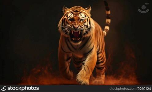 Fierce Tiger Jumping and Roaring with Chains and Flames in Red and Yellow Tones. Generative ai. High quality illustration. Fierce Tiger Jumping and Roaring with Chains and Flames in Red and Yellow Tones. Generative ai