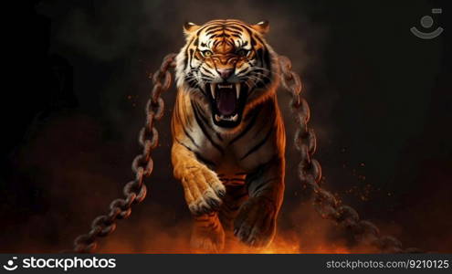 Fierce Tiger Jumping and Roaring with Chains and Flames in Red and Yellow Tones. Generative ai. High quality illustration. Fierce Tiger Jumping and Roaring with Chains and Flames in Red and Yellow Tones. Generative ai