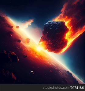fiery asteroid flying to earth Apocalypse illustration Generative AI.
