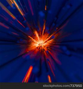 Fiery explosion or blast concept with rectangular dark blue rods on a bright flame colored orange radiating background in square format. Light flow energy tunnel.