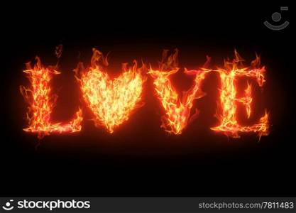 fiery word Love isolated over black