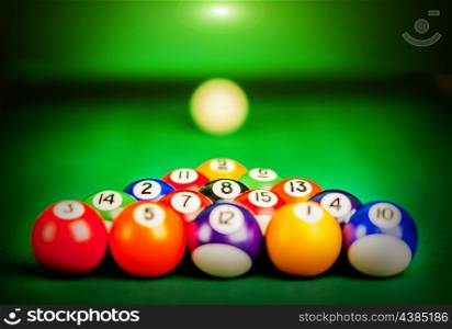 Fifteen billiard spheres lay on green cloth