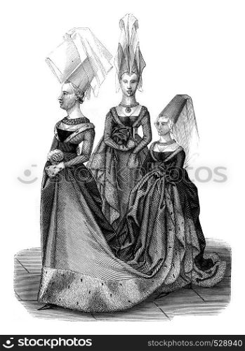 Fifteenth century, Costumes in the reign of Charles VII, Princess with her Ladies of Honour, vintage engraved illustration. Magasin Pittoresque 1847.