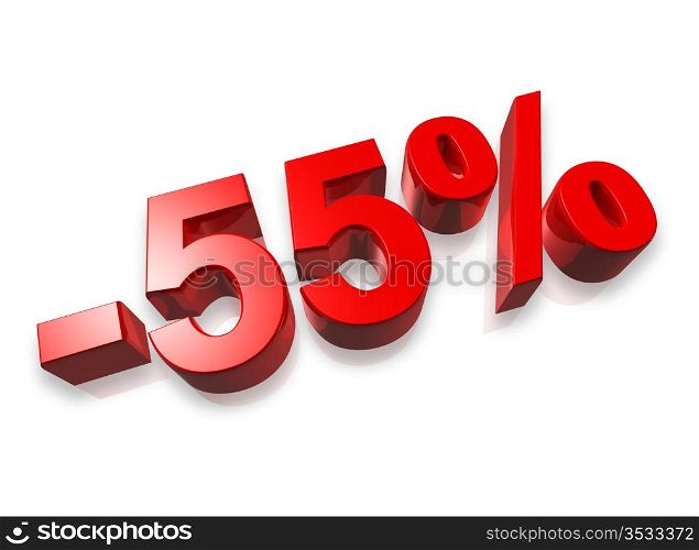 fifty five percent 3D number isolated on white - 55%. 55% fifty five percent