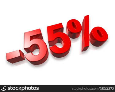 fifty five percent 3D number isolated on white - 55%. 55% fifty five percent