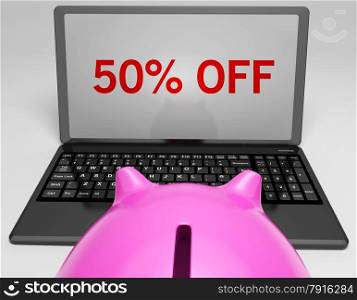 Fifty Percent Off On Notebook Showing Big Savings And Deals