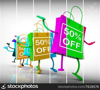 Fifty-Percent Off Shopping Bags Showing Sales, Bargains, and Discounts