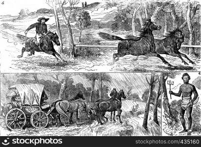 Fig 4 the race for wild horses, Fig 5 the coach stopped by ice water, fig 6 the bearer of native letters, vintage engraved illustration. Journal des Voyages, Travel Journal, (1879-80).