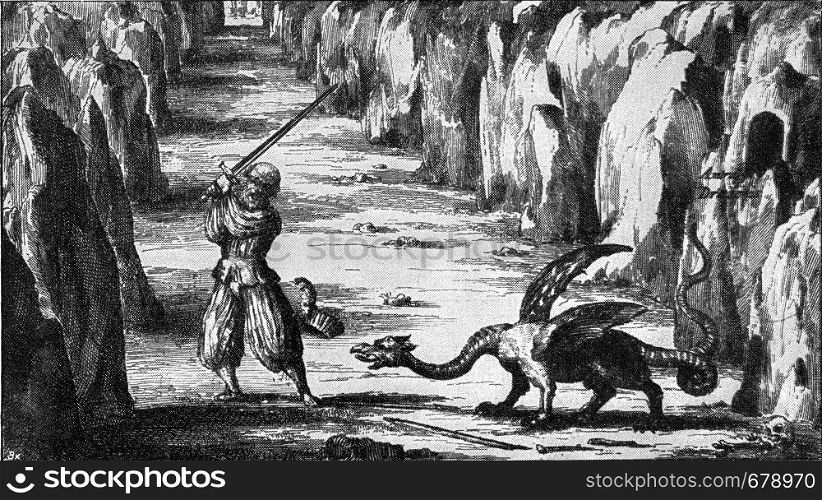 Fight against a dragon, vintage engraved illustration. From the Universe and Humanity, 1910.