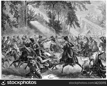 Fight Rocquencourt, vintage engraved illustration. History of France ? 1885.