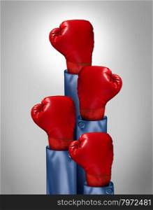 Fight to the top business concept with a group of upward direction red boxing gloves from businessmen competing for success as a symbol of competitive group leadership with one glove emerging as the leader of the pack.