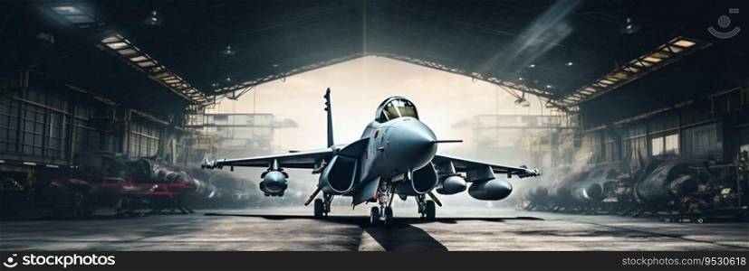 Fighter Jet Inside Military Hangar. Ge≠rative ai. High quality illustration. Fighter Jet Inside Military Hangar. Ge≠rative ai