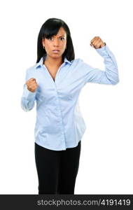 Fighting black woman showing fists isolated on white background