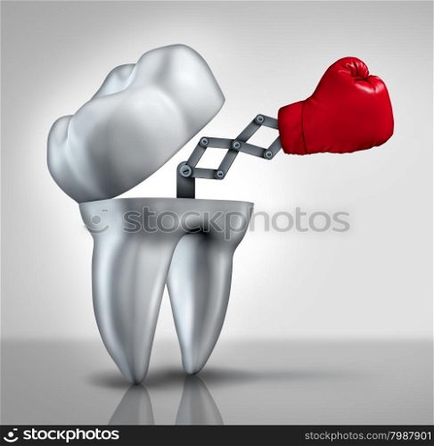 Fighting cavities and dental health care concept as an open molar tooth with a red boxing glove emerging to fight tooth decay as a hygiene symbol of dentistry and dentist services.