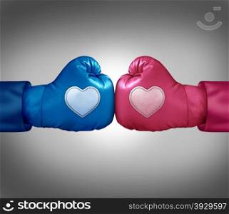 Fighting for love and relationship argument concept as blue and pink boxing gloves with heart shaped patches face off in a passionate couple dispute resulting in stress and possible separation or divorce.