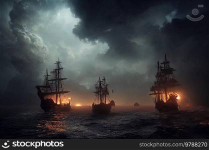 Fighting pirates ships in open sea, storm weather and clouds. Fighting pirates ships