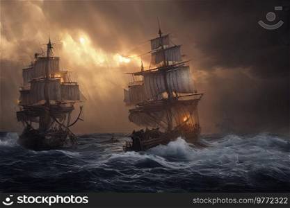 Fighting pirates ships in open sea, storm weather with rain and clouds. Fighting pirates ships