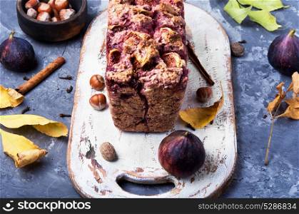 figs bread with nuts. Autumn baking. Homemade bread cake with ripe figs and nuts