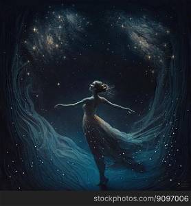 Figure of a delicate ballerina dancing among the starry sky. Generative AI