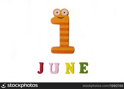 Figure one and the word June on a white background. Calendar.. Figure one and the word June on a white background.