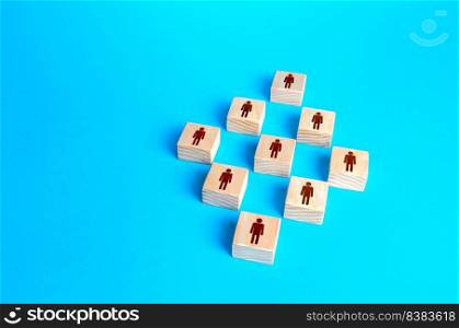 Figures blocks of people on a blue background. Concept of order, orderliness and uniform structure. Human resource management, hiring and staffing. Team building. Employee network. Business company