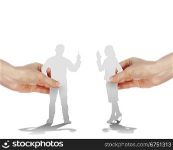Figures of man and woman arguing with each other