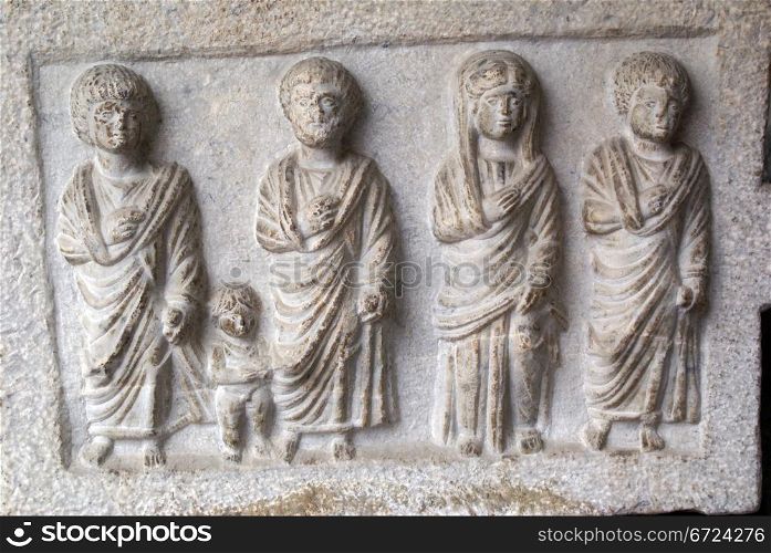 Figures on Roman grave stone in Konya, Turkey