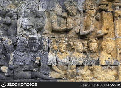 Figures on the wall of Borobudur, Java, Indonesia