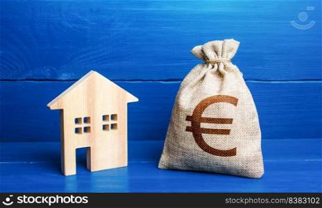 Figurine silhouette house and euro money bag. Buying and selling real estate. Taxes. Mortgage loan. Sale of housing. Proposal for a deal price. First installment. Maintenance, property improvement.