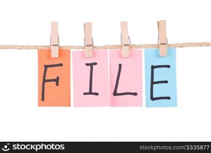 File, Colorful words hang on rope by wooden peg