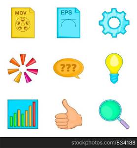 File search icon set. Cartoon set of 9 file search vector icons for web design isolated on white background. File search icon set, cartoon style