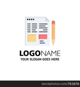 File, Text, Pencil, Education Business Logo Template. Flat Color