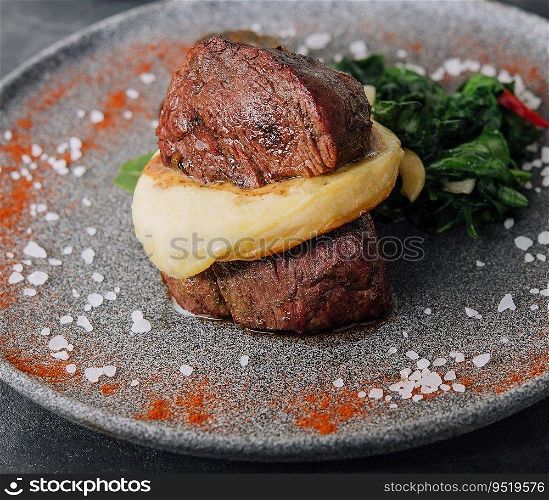 Filet mignon with mashed potatoes in a restaurant