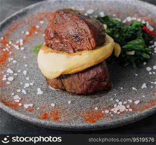 Filet mignon with mashed potatoes in a restaurant