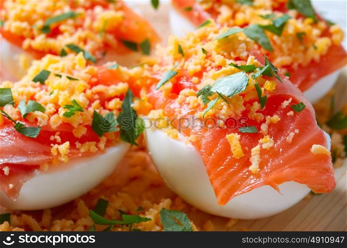 Filled eggs with salmon pinchos tapas from Spain recipes pintxos